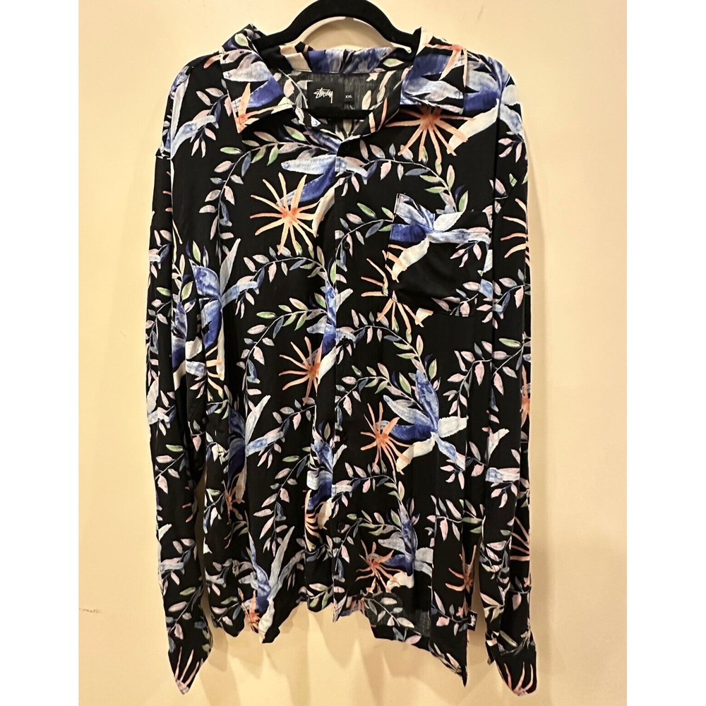 Stussy long sleeve men's XXL Hawaiian button-up Rare Print Luxury Vacation Rayon